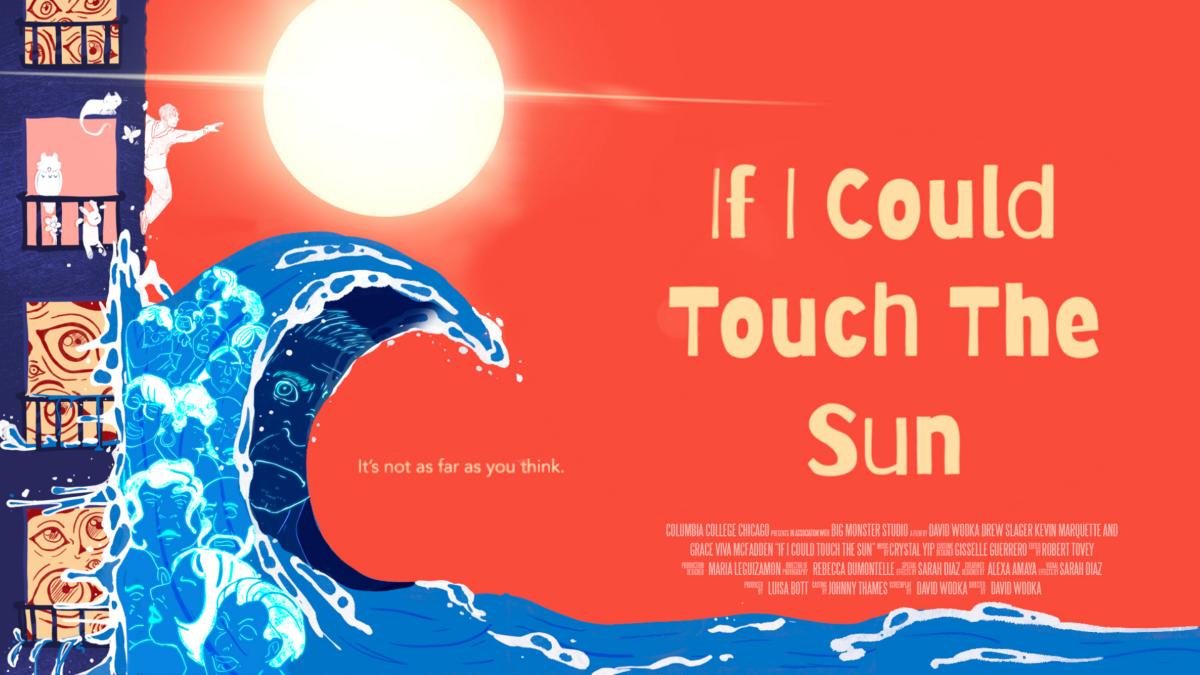 If I Could Touch the Sun poster: a figure leaps from a balcony toward a blazing sun as a great wave of faces rises below